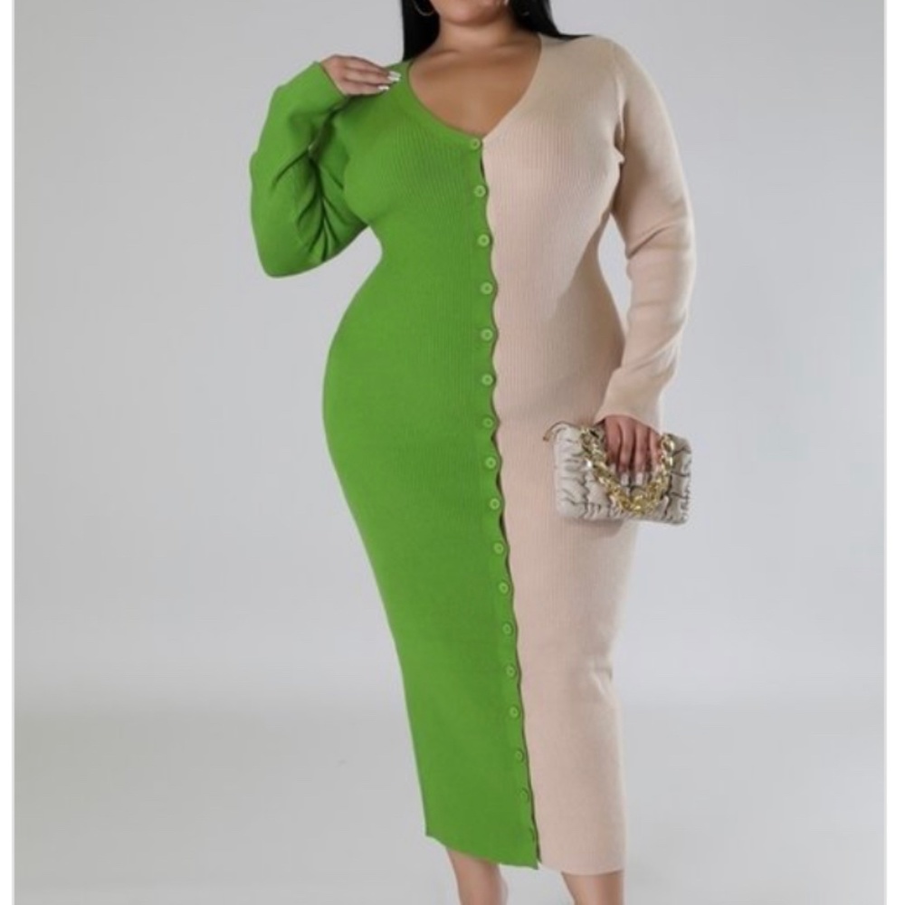 Green Ribbed Straight Dress
